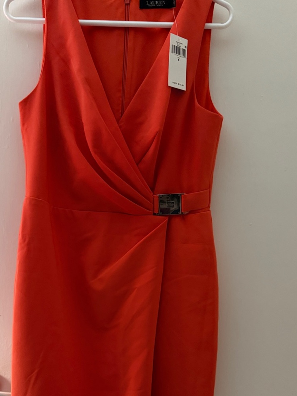 Lauren Ralph Lauren Red-Orange Sleeveless Faux-Wrap Sheath Dress with Buckle